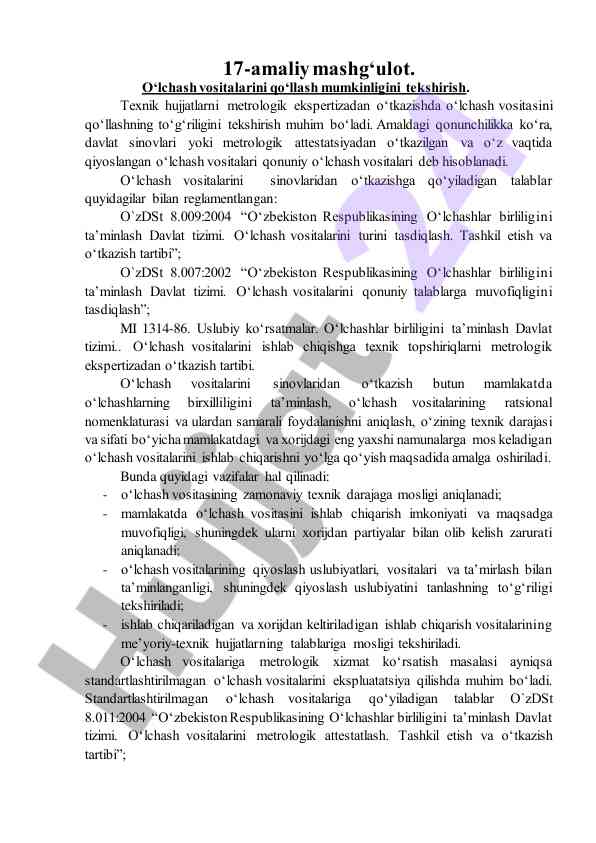 O‘lchash vositalarini metrologik tekshirish amaliyoti