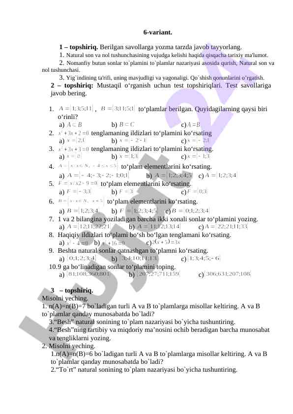 Natural Sonlar Tarixi Va Test Savollari