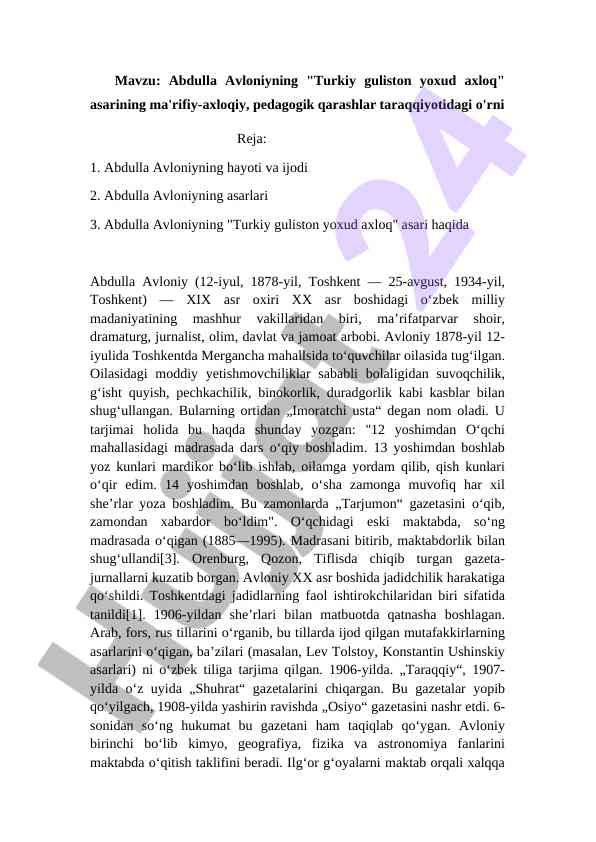 Abdulla Avloniy Va Turkiy Guliston Asari