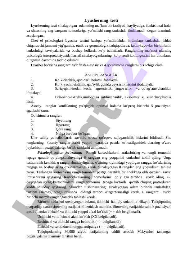 Lyusher testi psychologik ranglarning ahammiyati