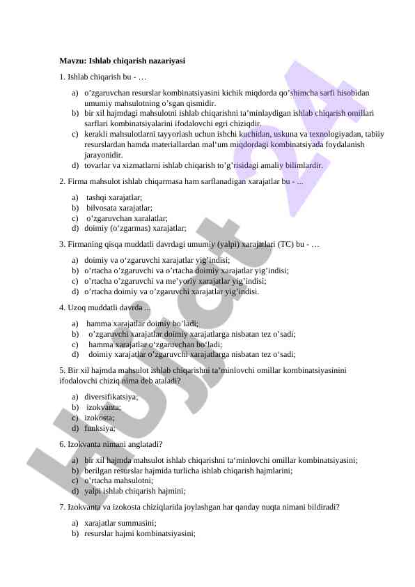 Ishlab chiqarish nazariyasi bo'yicha kurs ishlari