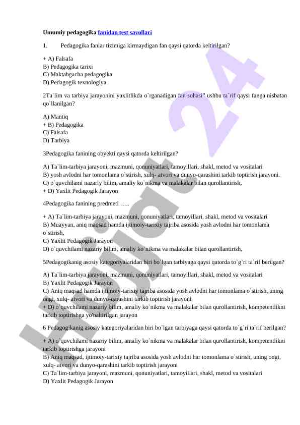 Umumiy pedagogika fanidan test savollari