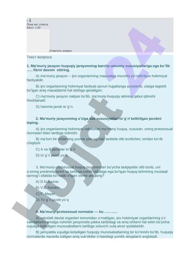 Ma’muriy jarayon huquqi bo'yicha test savollari