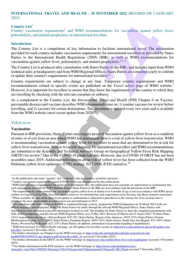 International travel health vaccination requirements