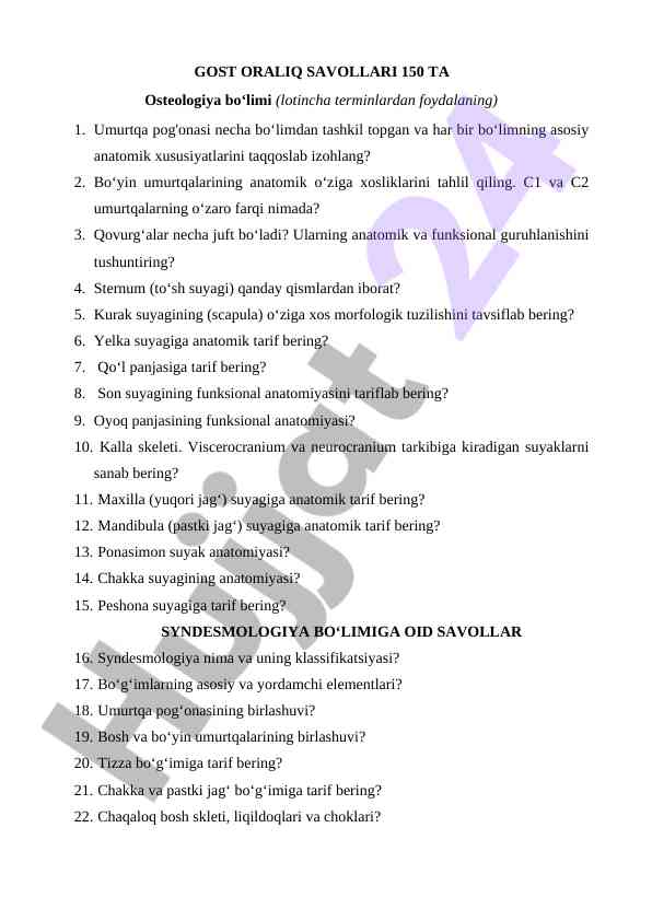 Osteologiya va syndesmologiya savollari
