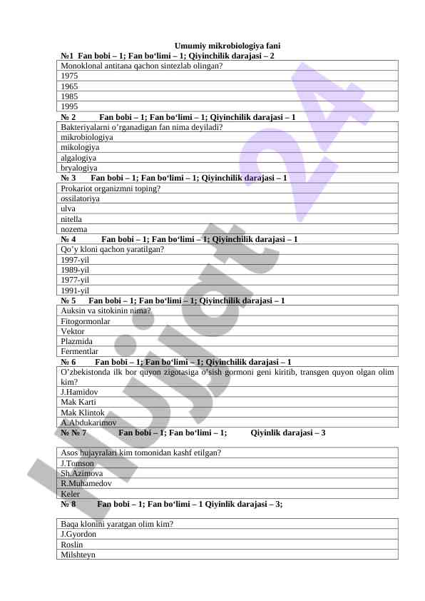 Umumiy mikrobiologiya faniga oid test savollari