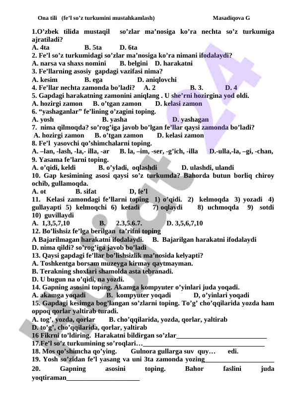 Fe'l so'z turkumini mustahkamlash testi