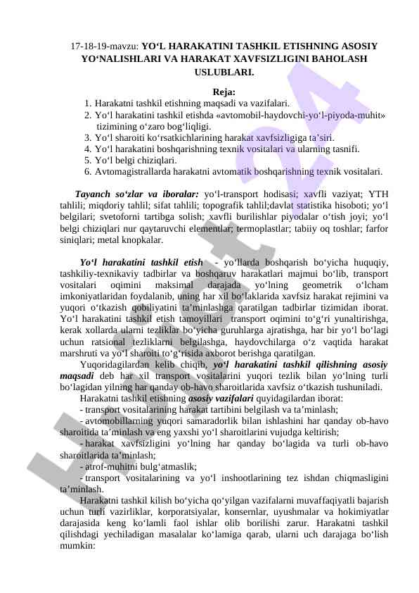 Yo‘l harakatini tashkil etish asosiy yo‘nalishlari