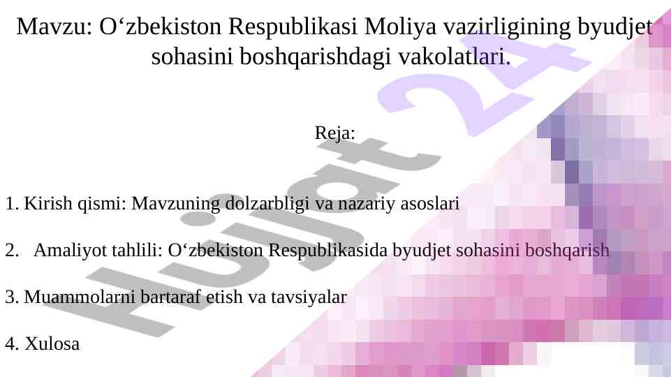 O‘zbekiston respublikasi moliya vazirligi byudjet boshqaruvi