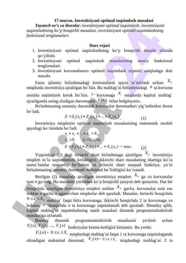 Investitsiyani optimal taqsimlash masalasi