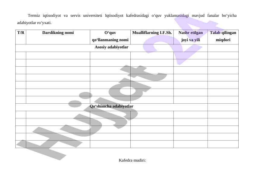 Iqtisodiyot Kafedrasidagi Adabiyotlar Ro'yxati