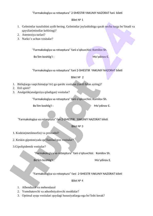 Farmakologiya va retseptura 2-semestr yakuniy nazorat