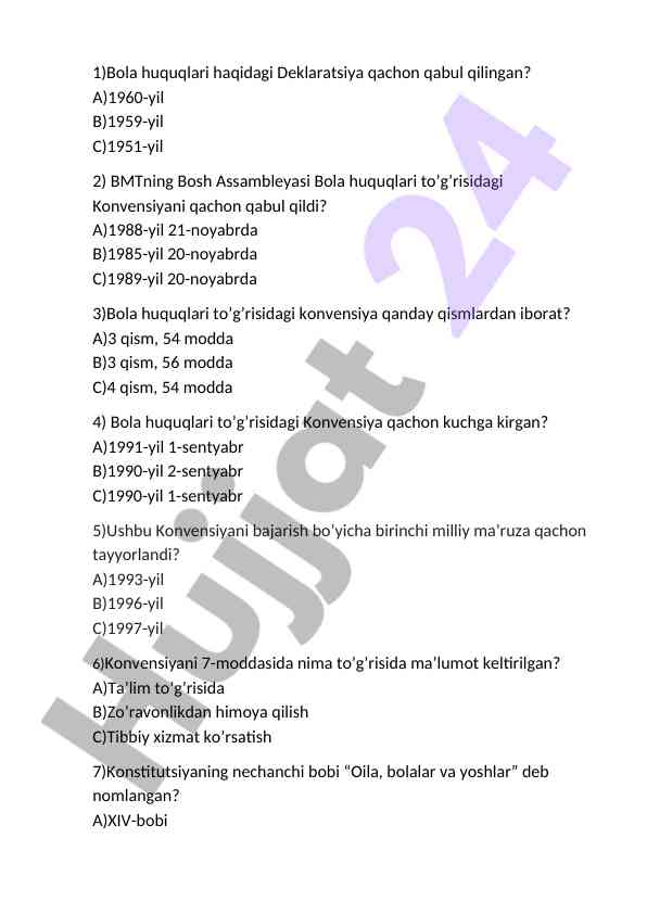 Bola huquqlari bo'yicha test savollari