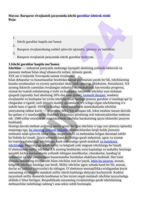Ishchi guruhlar va barqaror rivojlanish jarayoni