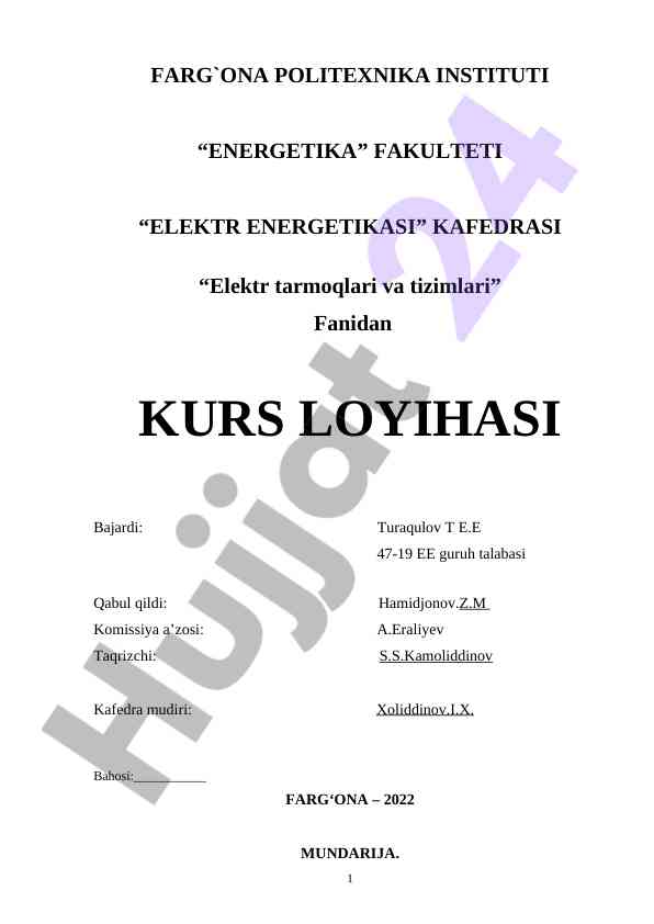 Elektr tarmoqlari va tizimlari kurs loyihasi