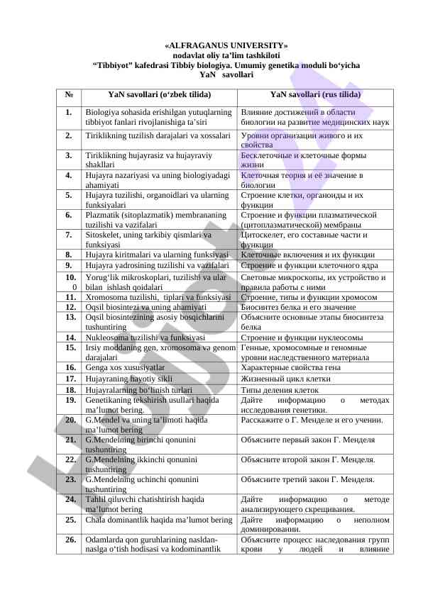 Tibbiy biologiya bo‘yicha umumiy genetika savollari
