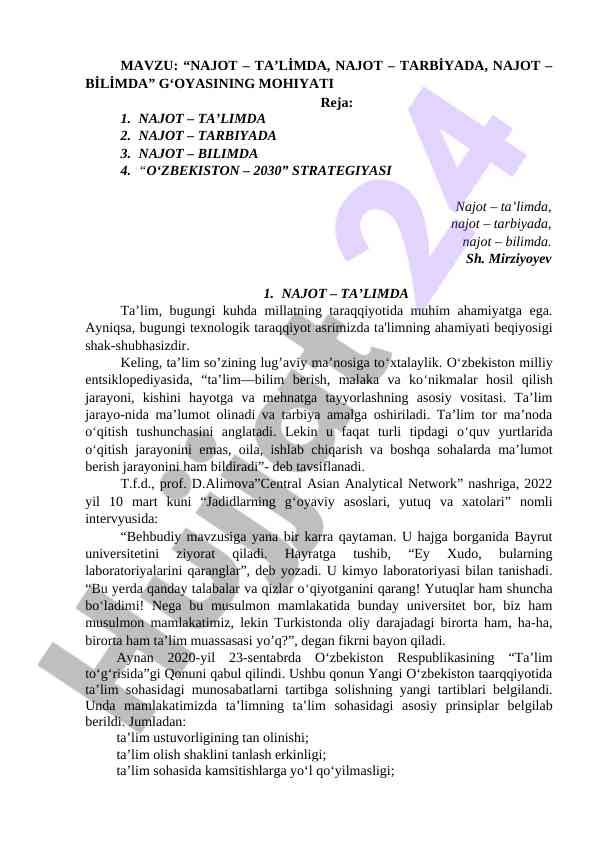 Najot ta’limda tarbiyadagi ahmiyati