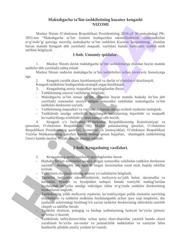 Maktabgacha ta’lim tashkilotining kuzatuv kengashi nizomi