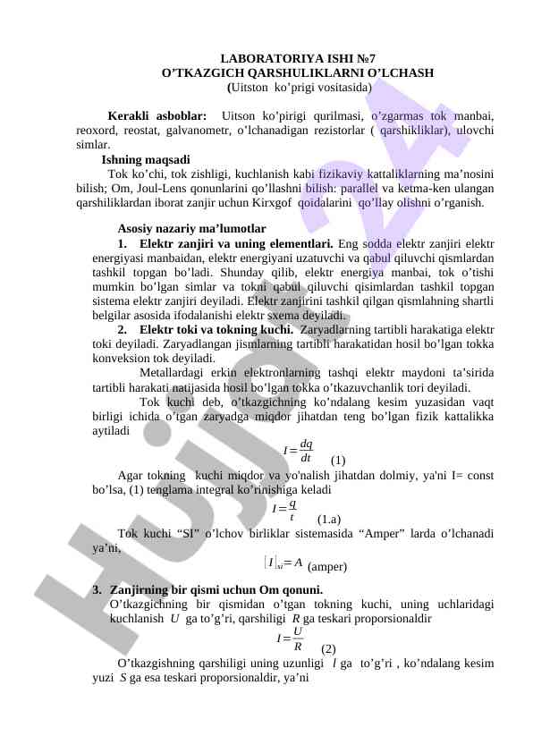 Otkazgich qarshuliklarni o'lchash laboratoriya ishi