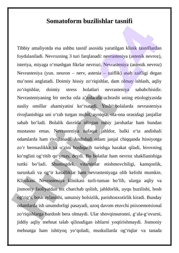 Somatoform buzilishlar va nеvrastеniya tasnifi