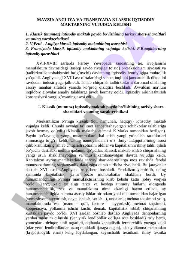Angliya va fransiyada klassik iqtisodiy maktabning vujudga kelishi