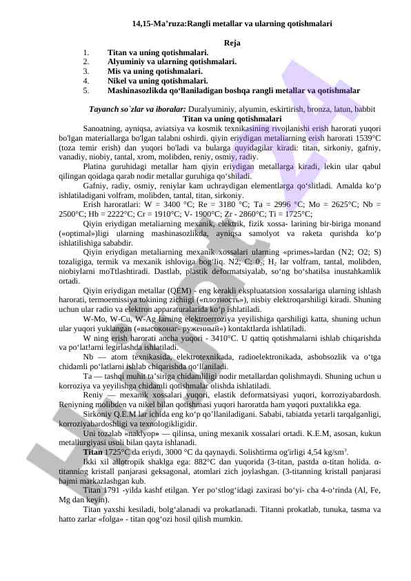 Rangli metallar va ularning qotishmalari ma'ruza