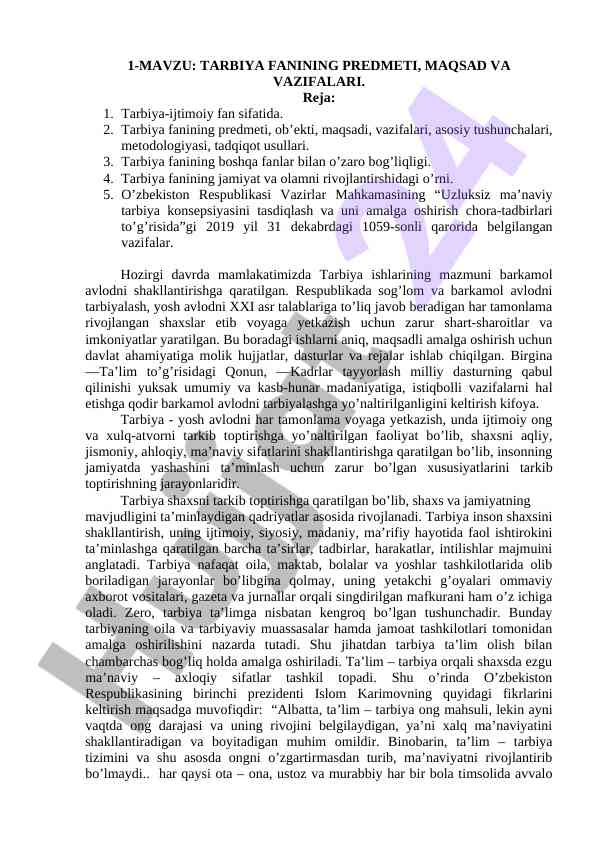 Tarbiya fanining maqsadlari va vazifalari