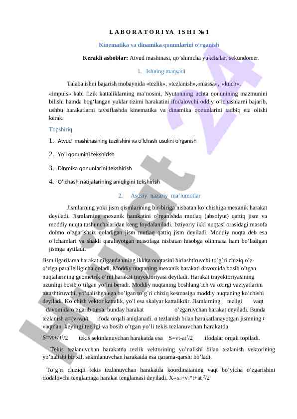 Kinematika va dinamika qonunlarini o‘rganish