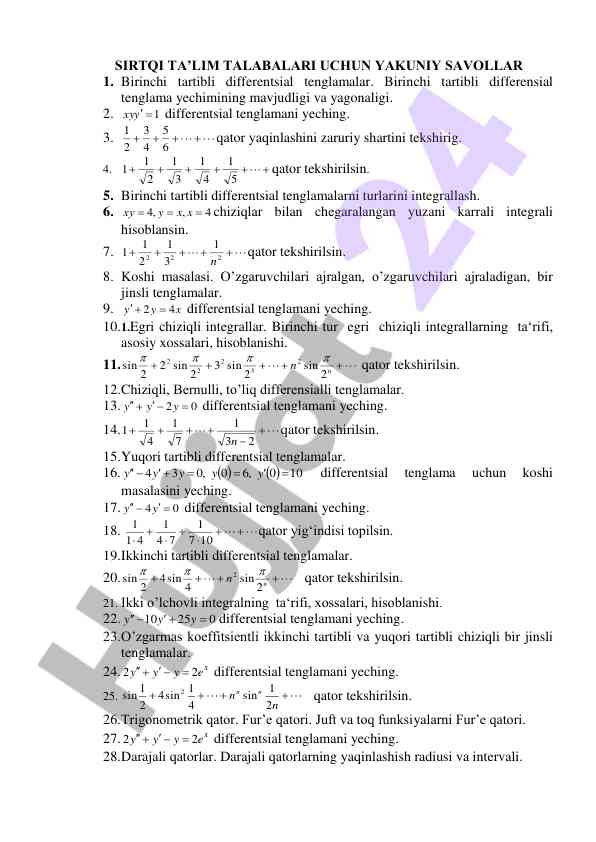Birinchi tartibli differentsial tenglamalar savollari