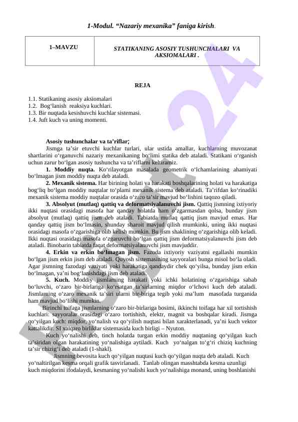 Statikaning asosiy tushunchalari va aksiomalari