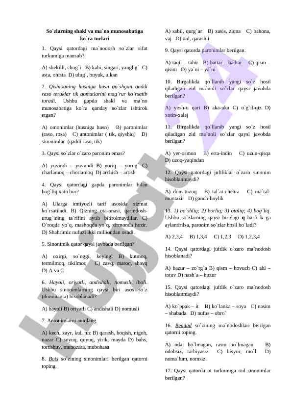 So'zlarning shakl va ma'no munosabatlari testi