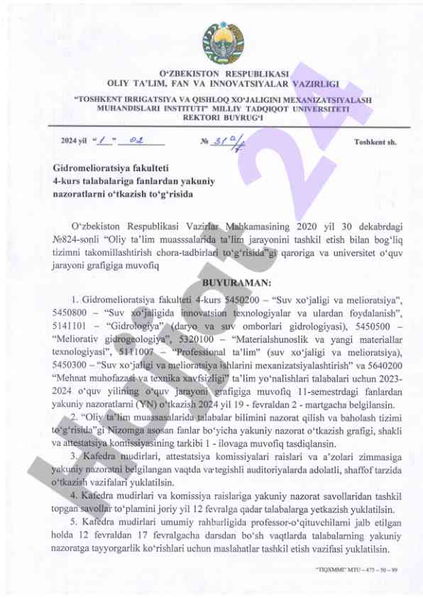 Gidromelioratsiya fakulteti yakuniy nazoratlar