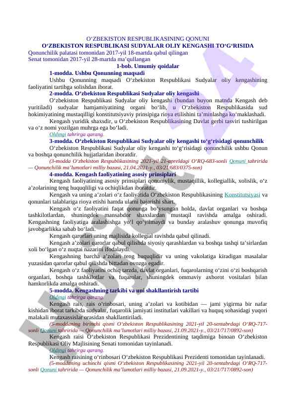 O‘zbekiston respublikasi sudyalar oliy kengashi qonuni