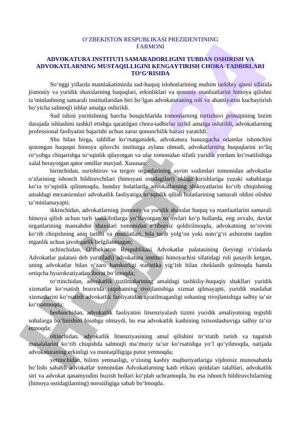 Advokatura instituti va huquq islohotlari