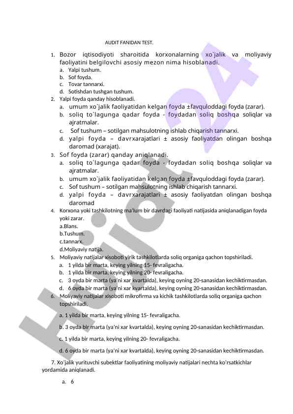 Bozor iqtisodiyoti va korxona faoliyati testi