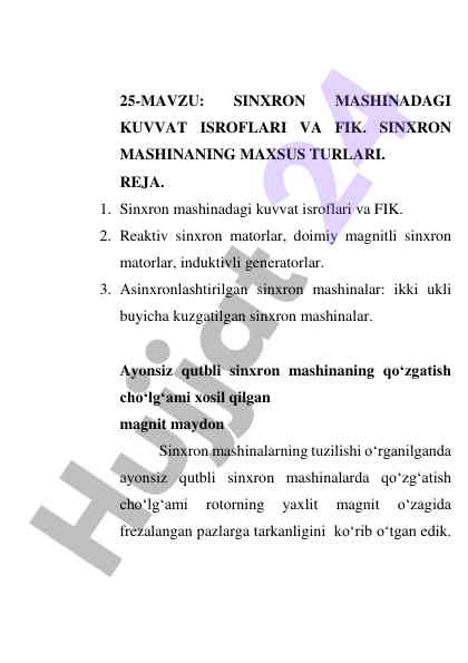 Sinxron mashinada kuvvat isroflari va fik