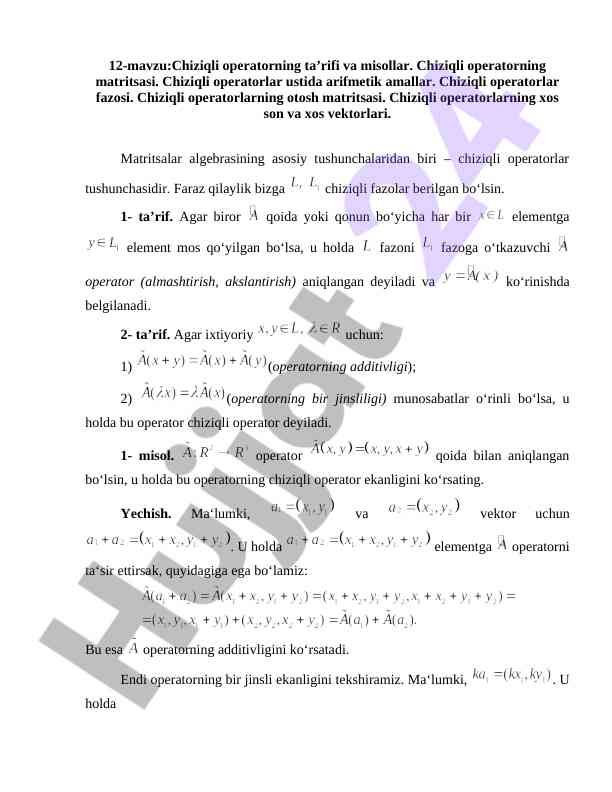 Chiziqli operatorlar va ularning amallari