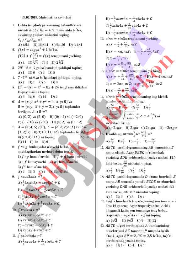 Matematika testlari va savollari
