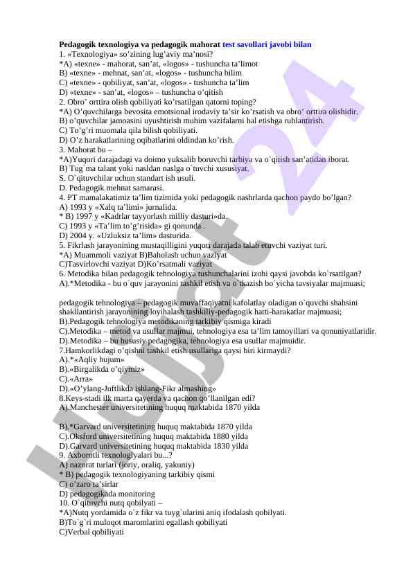 Pedagogik texnologiya va mahorat test savollari