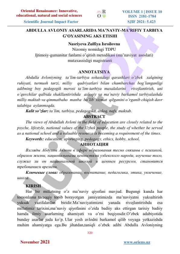 Ma'naviya tarbiyasi abdulla avloniy asarlarida