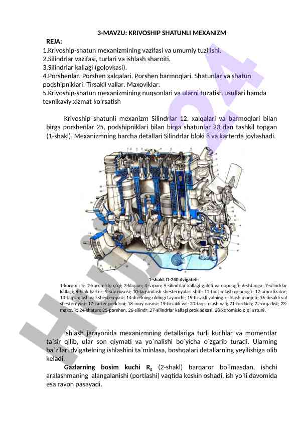 Krivoship shatunli mexanizmning vazifalari va tuziilishi