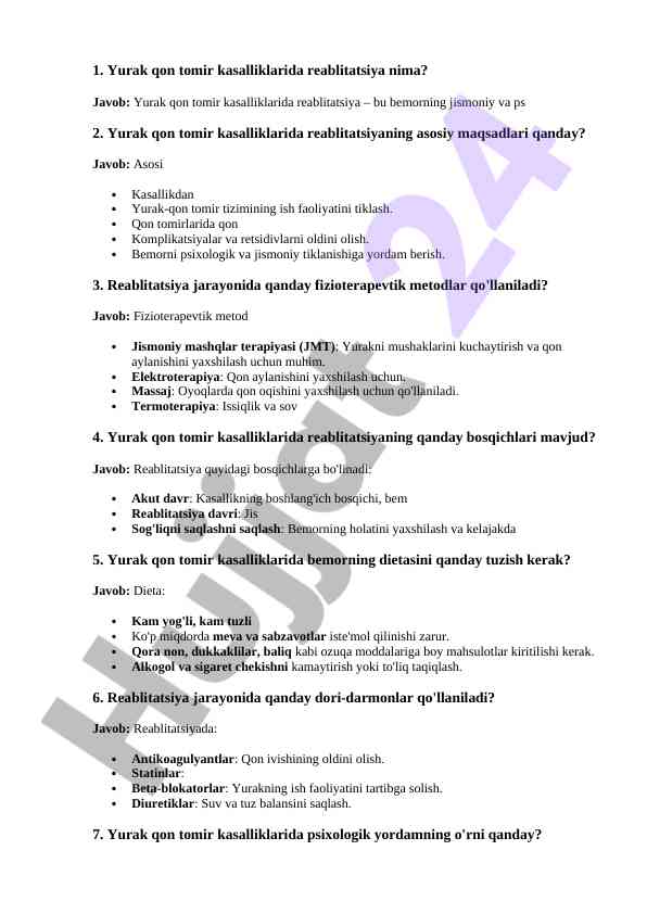 Yurak qon tomir kasalliklarida reablitatsiya jarayoni