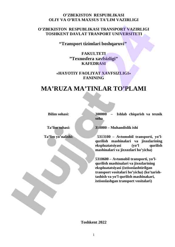 Hayotiy faoliyat xavfsizligi ma'ruzalar matni