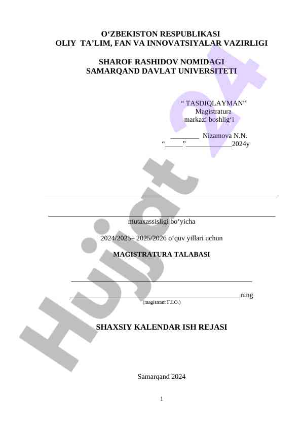 Magistratura talabasi shaxsiy kalendar ish rejasi