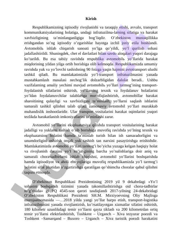 Transport infratuzilmasining rivojlanishi