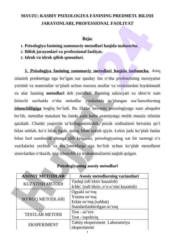 Kasbiy psixologiya fanining metodlari va asoslari