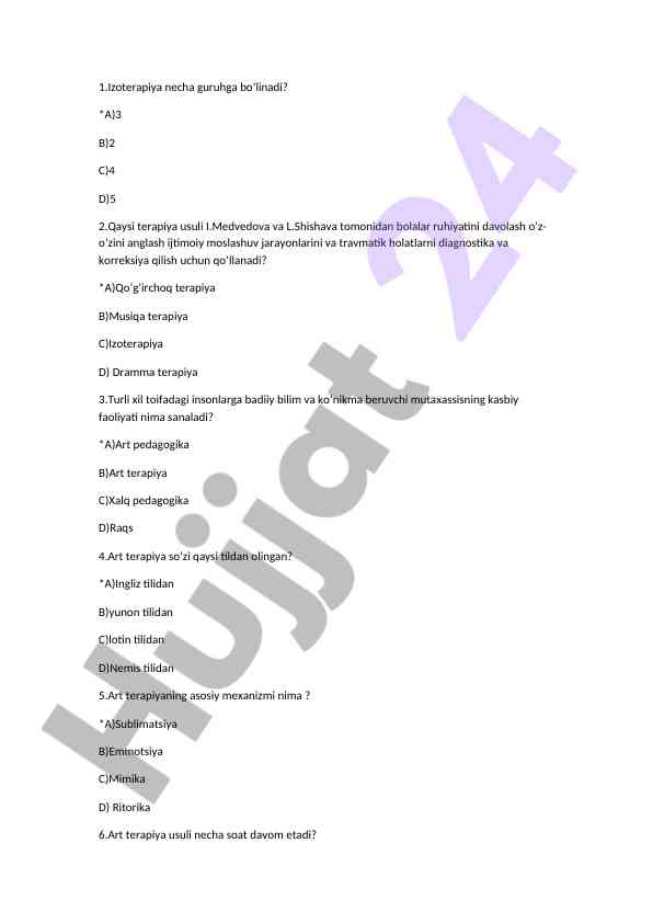 Izoterapiya va art terapiya test savollari