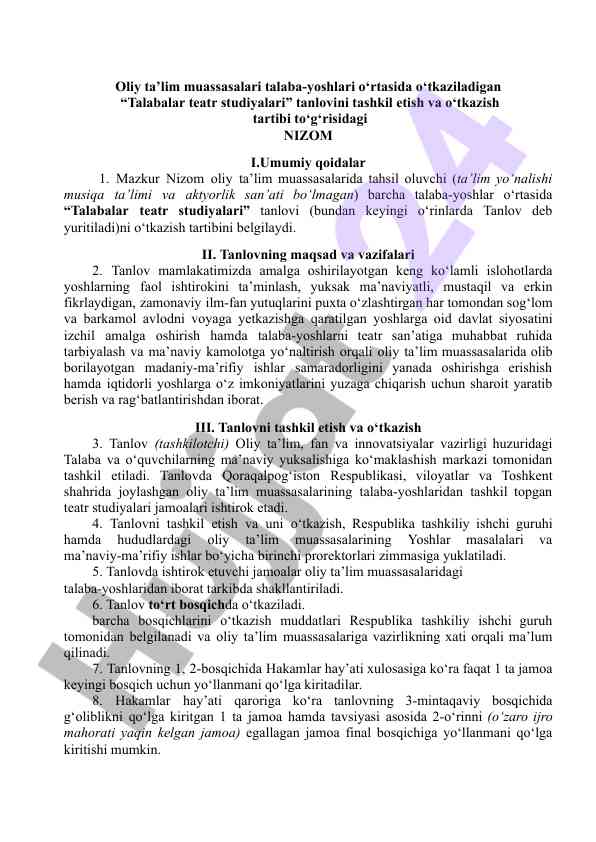Talabalar teatr studiyalari tanlovi tashkil etish tartibi