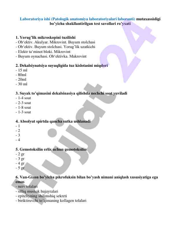 Laboratoriya ishi test savollari ro'yxati