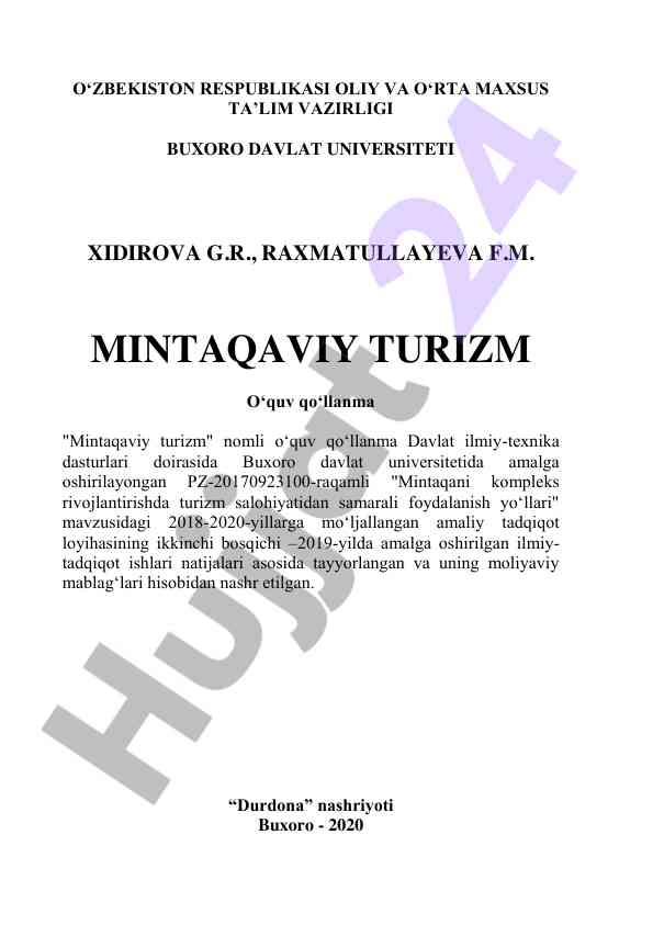 Mintaqaviy turizm o‘quv qo‘llanma